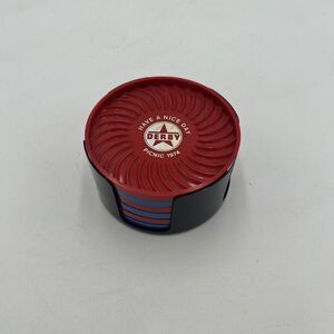 VTG Derby Gas Oil Advertising Drink Coasters Picnic 1974 Reb Blue With Holder